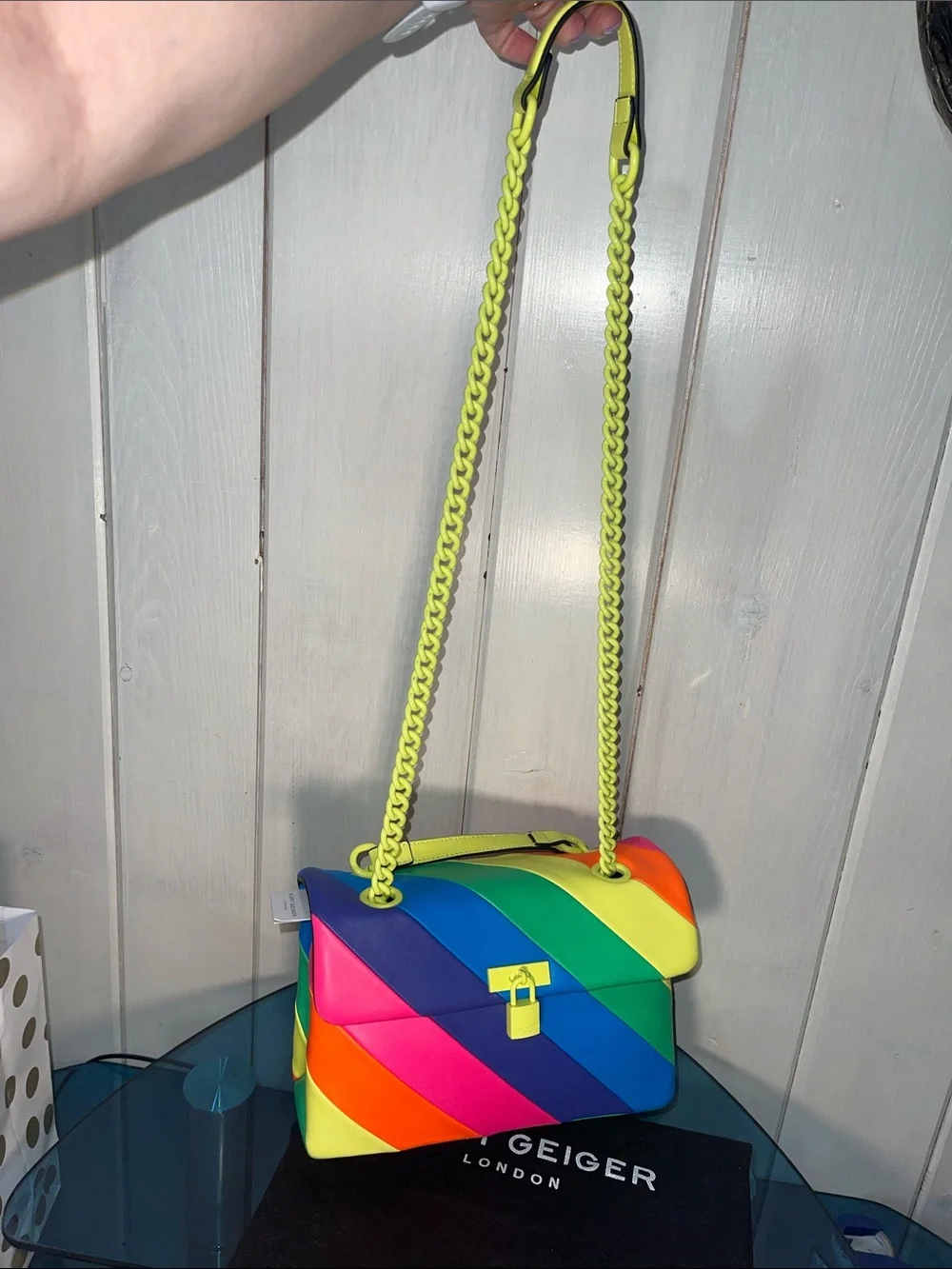 Kurt Geiger London Brixton Lock Multi Color Shoulder Leather Bag Neon Chain NWT - Picture 10 of 12